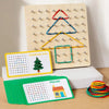 Montessori wooden geometric shape peg board with pattern cards showing Christmas tree and house shapes