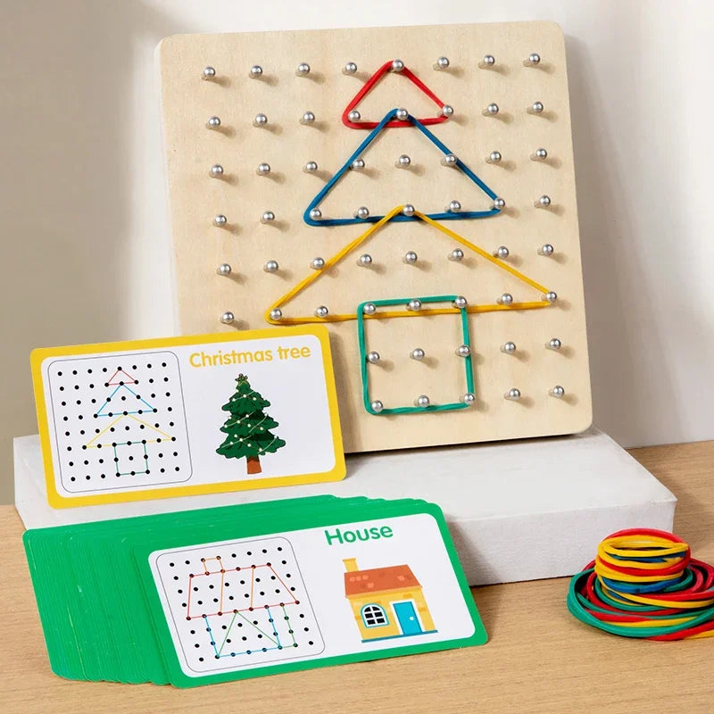 Montessori wooden geometric shape peg board with pattern cards showing Christmas tree and house shapes