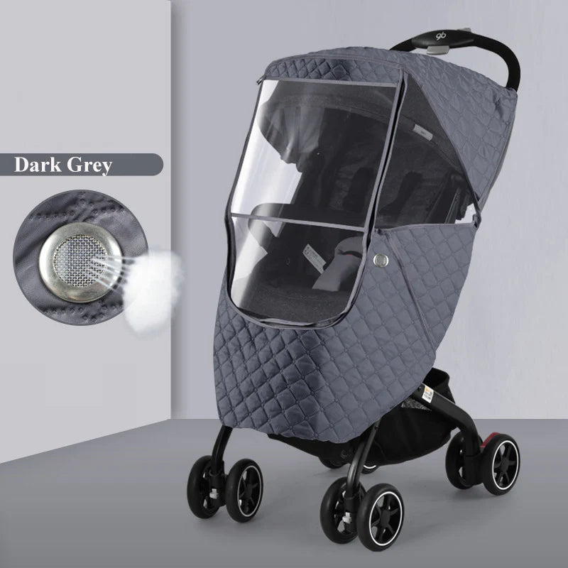 Dark grey universal waterproof winter stroller cover with a clear window and quilted fabric