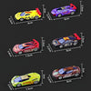A collection of five temperature-sensitive color changing pull-back racing cars in various colors and designs.