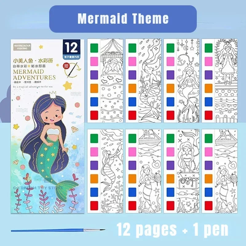 A watercolor painting book titled Mermaid Theme with 12 pages and one pen for kids