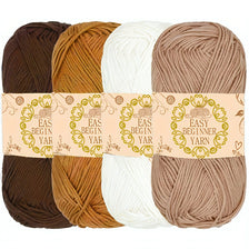 A pack of four skeins of premium acrylic yarn in various shades including brown, gold, cream, and beige.