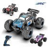 A black and blue 1:18 scale RC monster truck with large tires and LED lights is shown alongside a smaller purple version.