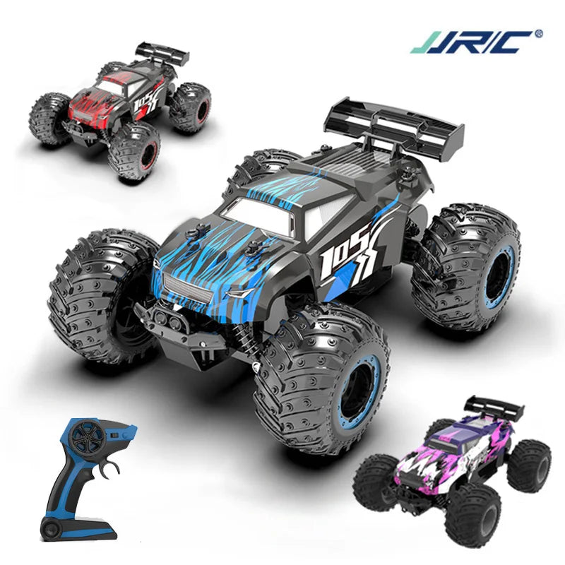 A black and blue 1:18 scale RC monster truck with large tires and LED lights is shown alongside a smaller purple version.