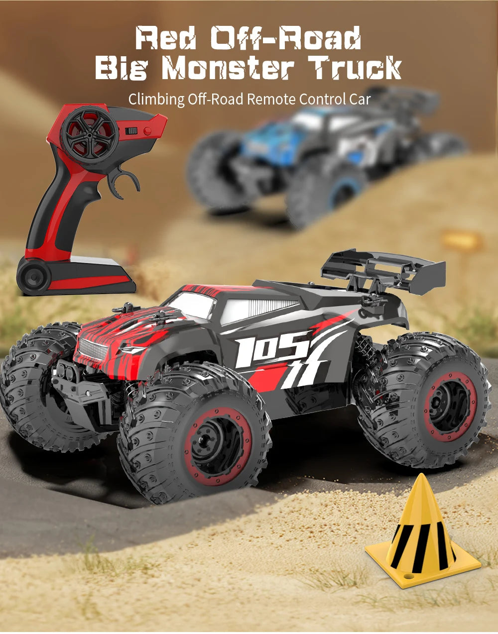 A red off-road monster truck RC car is shown on sand, with a remote control unit nearby.