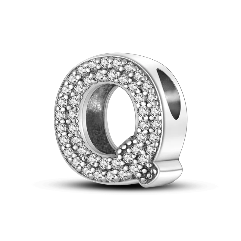 A personalized sterling silver alphabet charm bead shaped like the letter Q, encrusted with cubic zirconia stones.