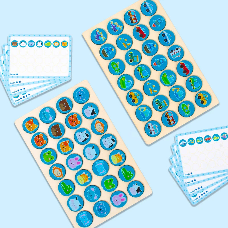 A wooden memory chess game featuring colorful circular pieces for educational matching and play.