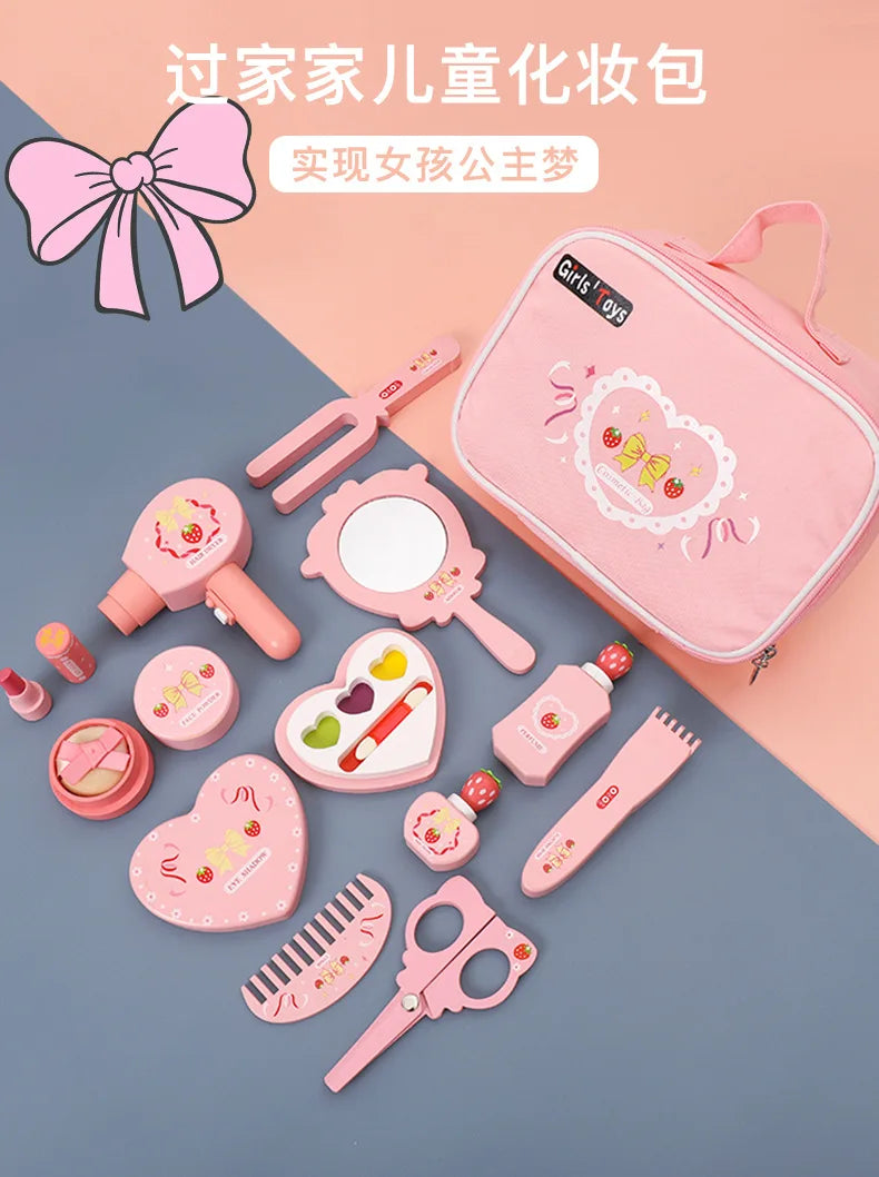 Wooden Pretend Play Makeup Set with Dressing Table & Makeup Bag