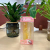 A clear plastic ice cube stress relief toy with a lemon design is displayed next to a potted green plant.