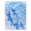 Blue butterflies swim in clear water, creating a beautiful mosaic art scene.