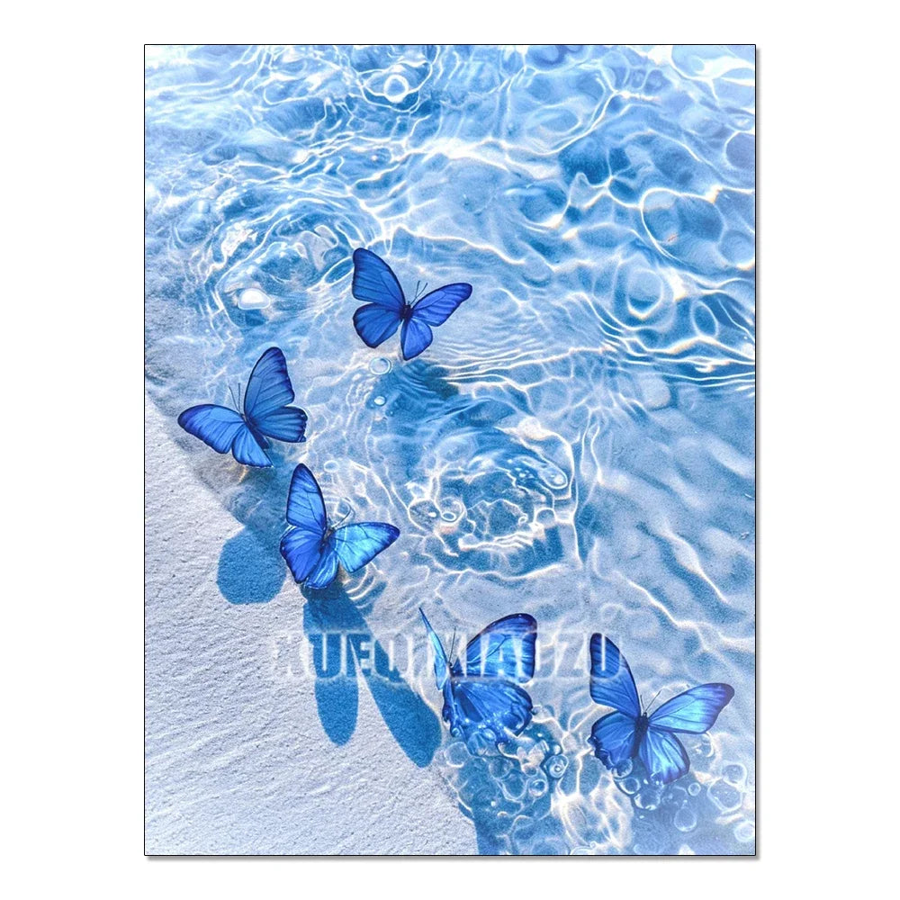 Blue butterflies swim in clear water, creating a beautiful mosaic art scene.