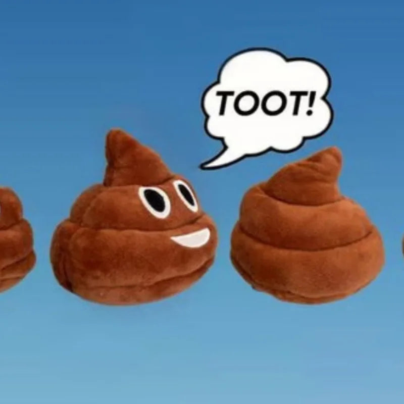 Two brown plush toys shaped like poop with speech bubbles saying Toot