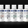 A row of nine small glass bottles of Vallejo Gloss Acrylic Varnish, Matt Acrylic Varnish, Satin Acrylic Varnish, and Polyuret