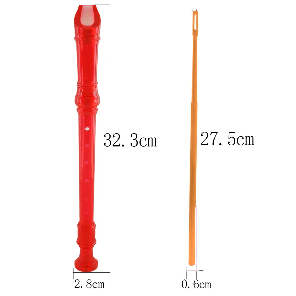 Red rainbow transparent 8-hole soprano recorder with an attached cleaning rod