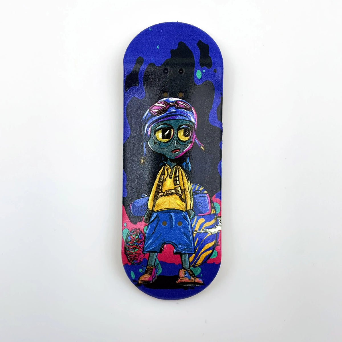 A wooden fingerboard deck featuring a UV-printed graphic of a stylized, blue-skinned character with purple hair and goggles a