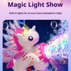 A hand holds a white unicorn toy that shoots colorful lights and bubbles, demonstrating a magic light show.