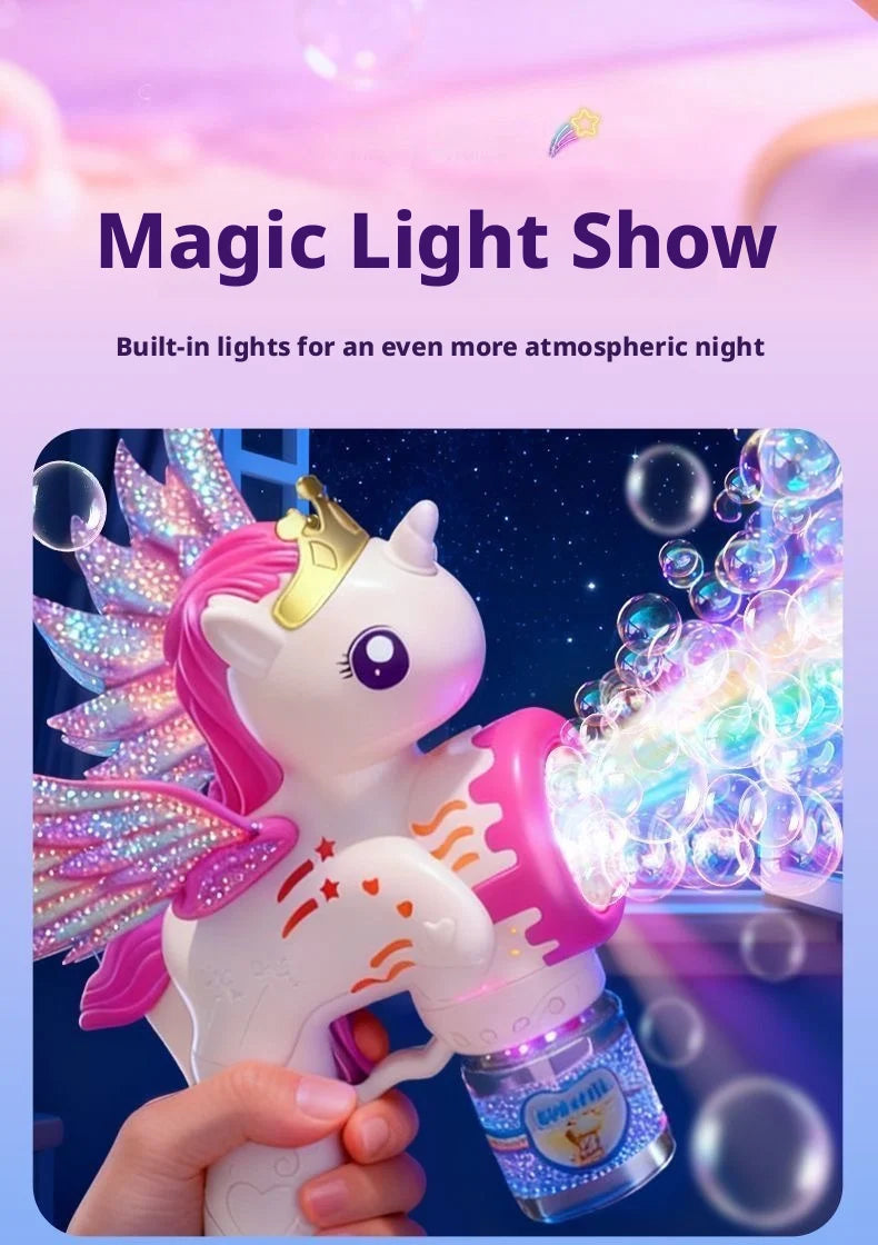 A hand holds a white unicorn toy that shoots colorful lights and bubbles, demonstrating a magic light show.
