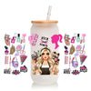 A clear tumbler with a pink and gold makeup theme featuring various beauty tools and accessories.