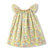 A yellow floral smocked summer dress for girls with ruffled sleeves.