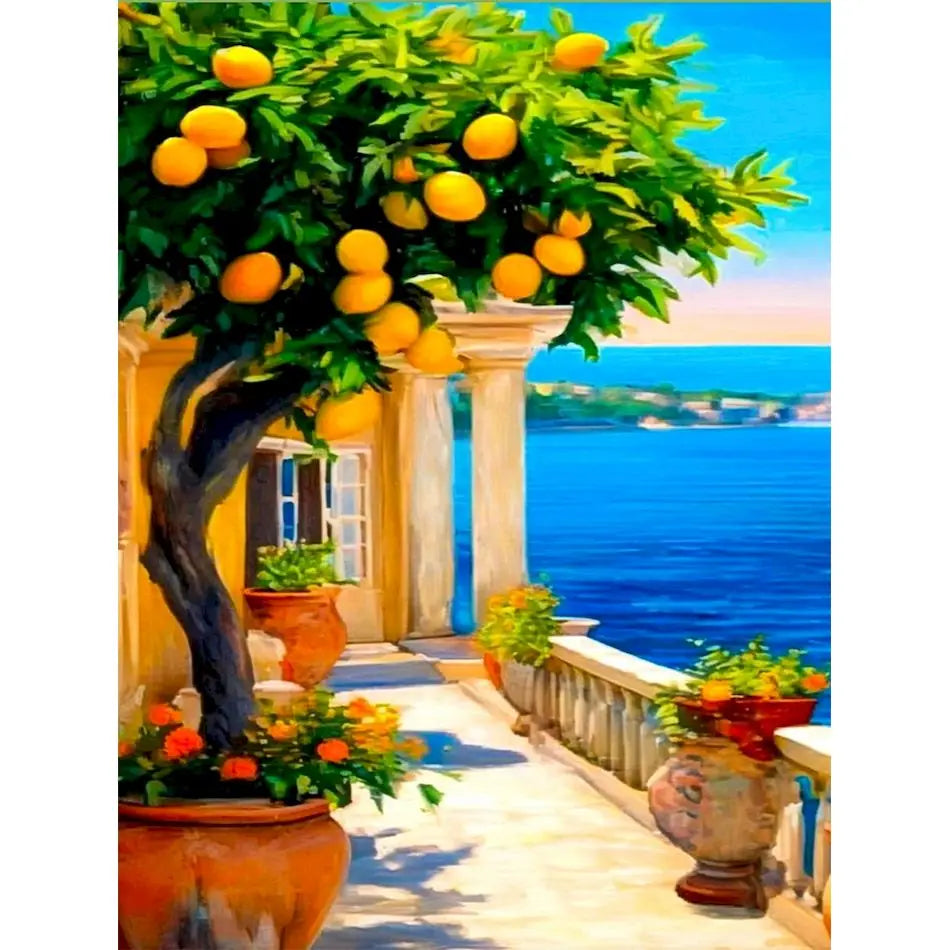 A vibrant painting of a lemon tree with bright yellow fruit set against a blue sea and sunny landscape.