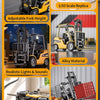 A yellow alloy RC forklift truck replica showing adjustable fork height, realistic lights and sounds, and Type-C charging cap