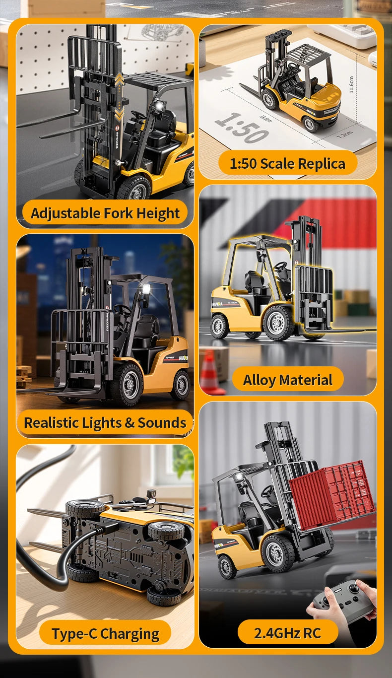 A yellow alloy RC forklift truck replica showing adjustable fork height, realistic lights and sounds, and Type-C charging cap