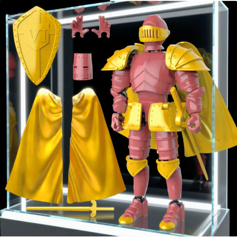 A pink and yellow articulated paladin action figure displayed in a clear box with accessories.