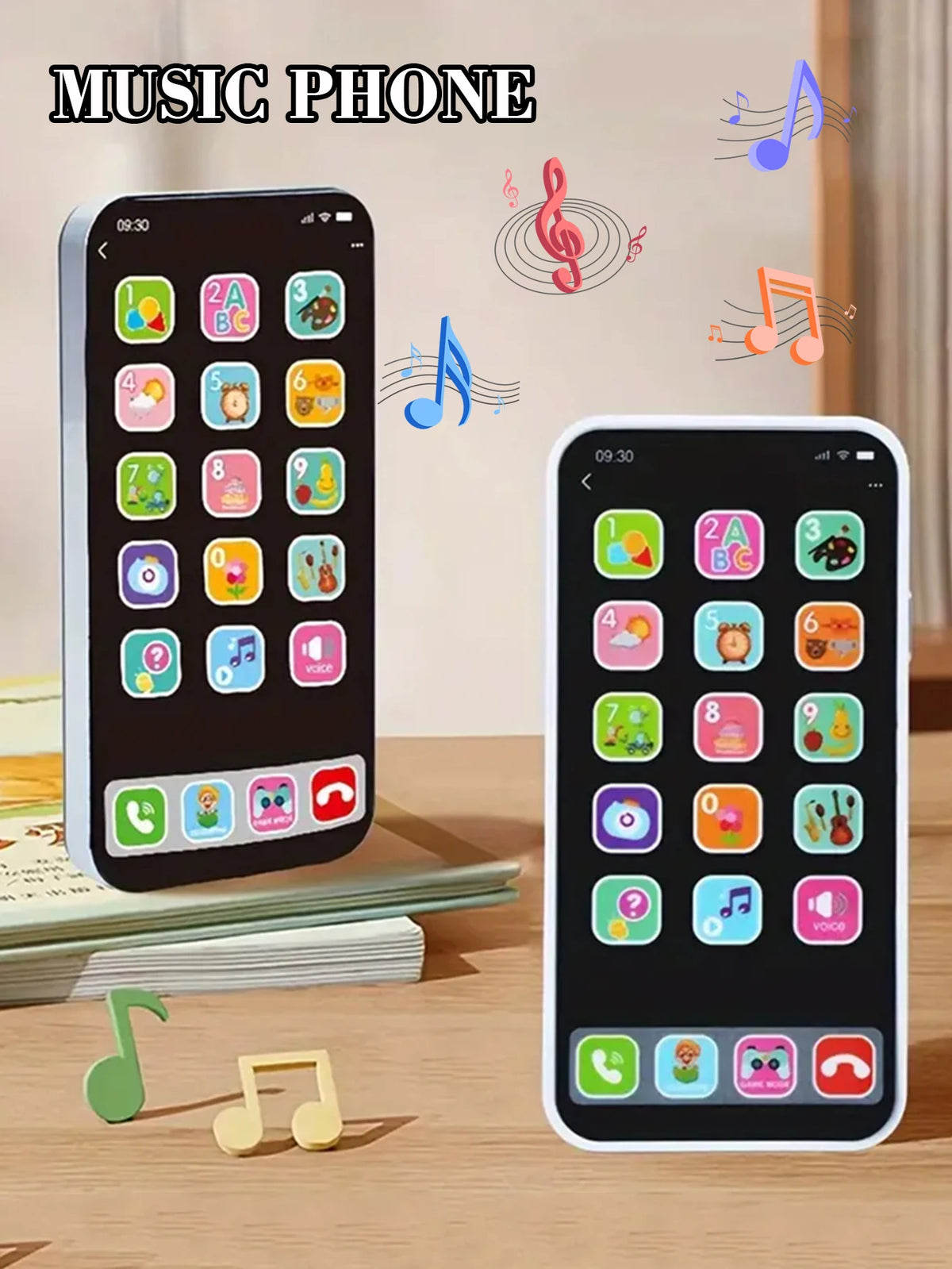 A digital phone screen displays various icons for music, stories, and learning activities, with a physical toy phone nearby.