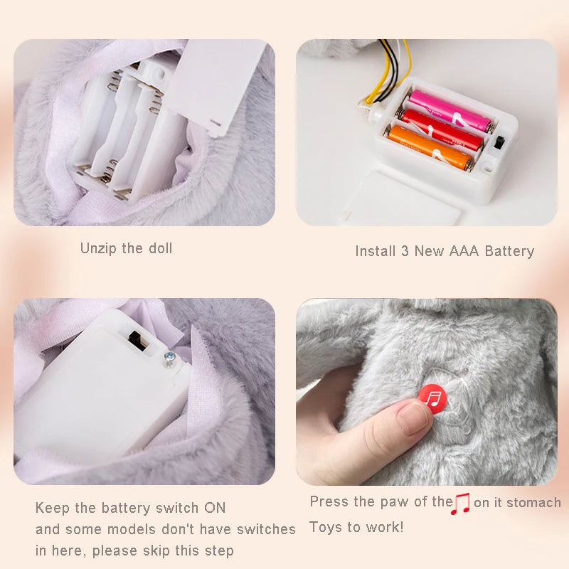 Instructions showing how to unzip the doll, install a battery, and turn on the music feature of a plush toy.