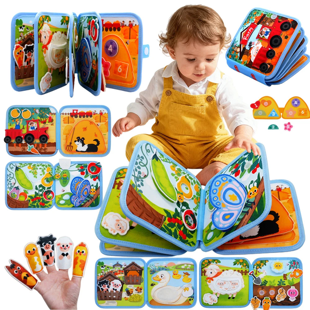 A set of Montessori felt busy books for toddlers featuring various hands-on learning activities and colorful designs.