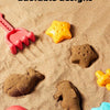 A collection of various cute and adorable sand models made from colored sand, including a pink rake, yellow star, and various