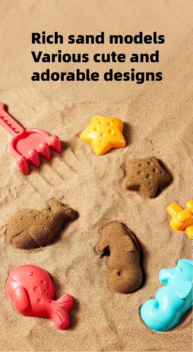 A collection of various cute and adorable sand models made from colored sand, including a pink rake, yellow star, and various