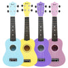 Four colored ukulele bodies in light blue, yellow, purple, and pink with black necks and tuners.
