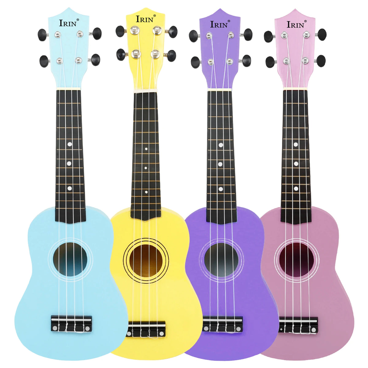 Four colored ukulele bodies in light blue, yellow, purple, and pink with black necks and tuners.