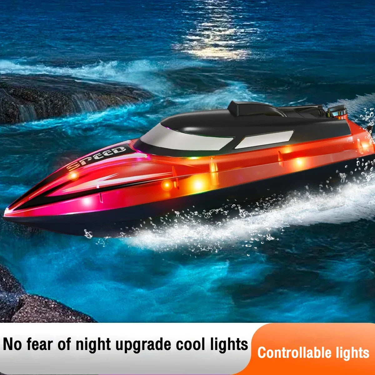 A red and black RC speedboat cutting through blue water with bright cool lights.