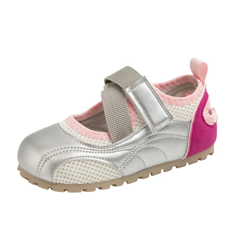Silver and pink girls' casual slip-on shoes with a breathable PU upper