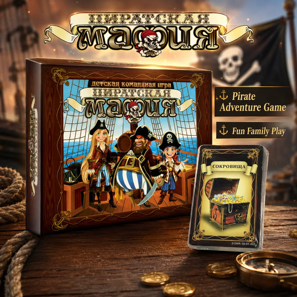 Illustration de jeu d'aventure Pirate Mafia avec pirates et thème marin, carte de jeu au premier plan.