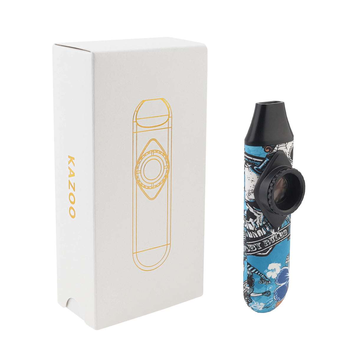 A white box for an adjustable tone kazoo with a lanyard, featuring a yellow graphic design.