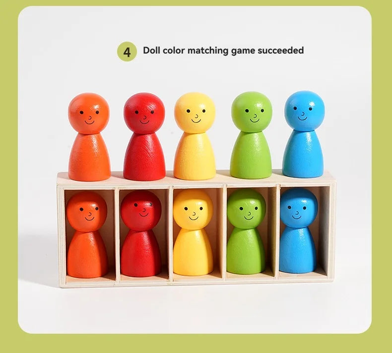 Five wooden dolls in various colors, including orange, red, yellow, green, and blue, arranged in a box.