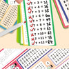 A set of green math flash cards showing multiplication facts for kids