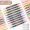 A set of bright lines rich colors glitter brush markers with dual tips shown in various shades and application examples.