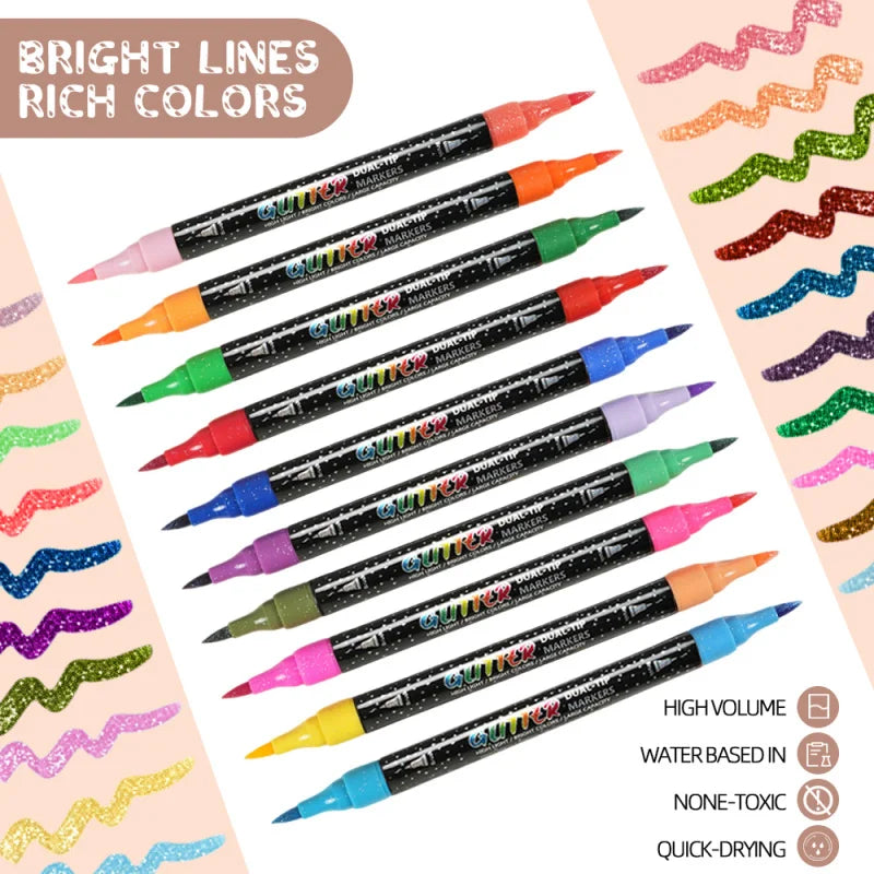 A set of bright lines rich colors glitter brush markers with dual tips shown in various shades and application examples.