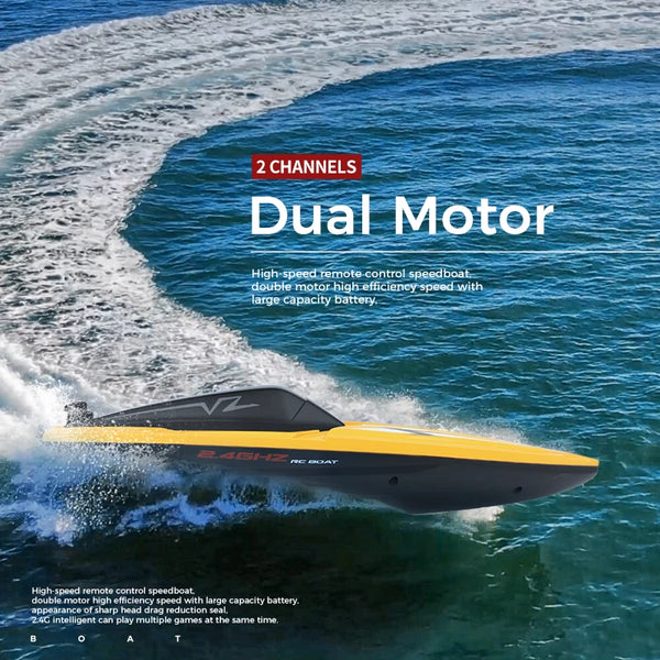 A yellow and black dual motor speedboat is shown speeding across blue water.