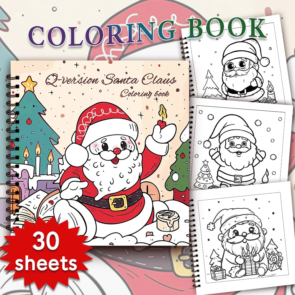 A coloring book featuring an illustration of Santa Claus and a Christmas tree on the cover.