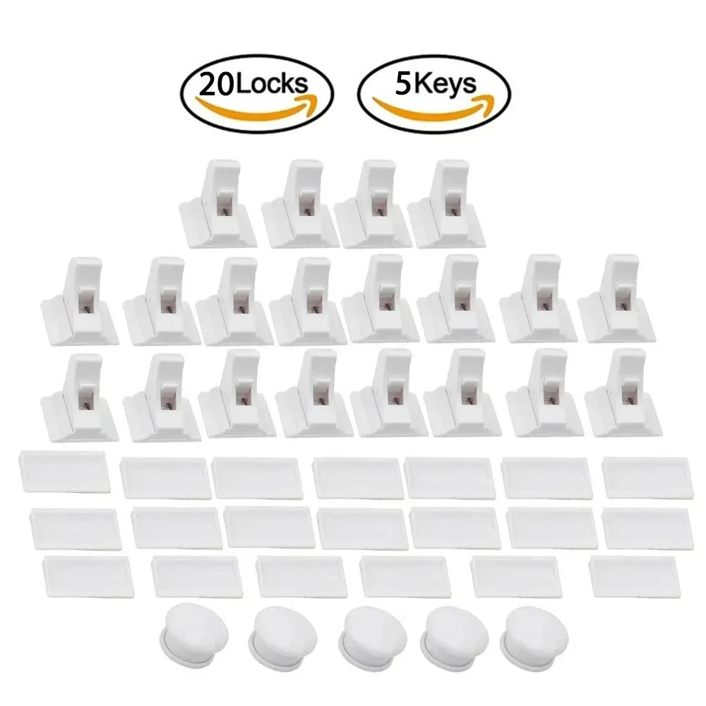 A set of 20 locks and 5 keys for magnetic cabinet and drawer safety locks