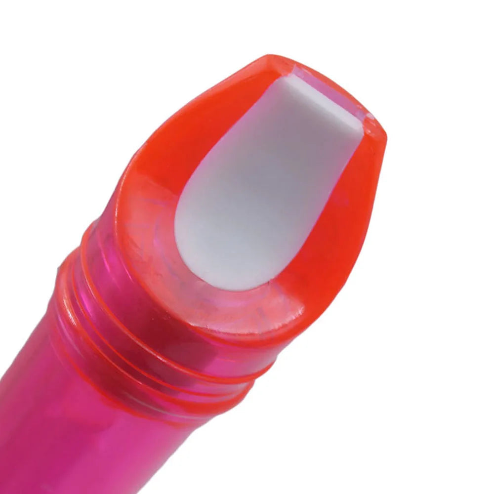 A close-up view of a bright orange and pink recorder mouthpiece with a white section.