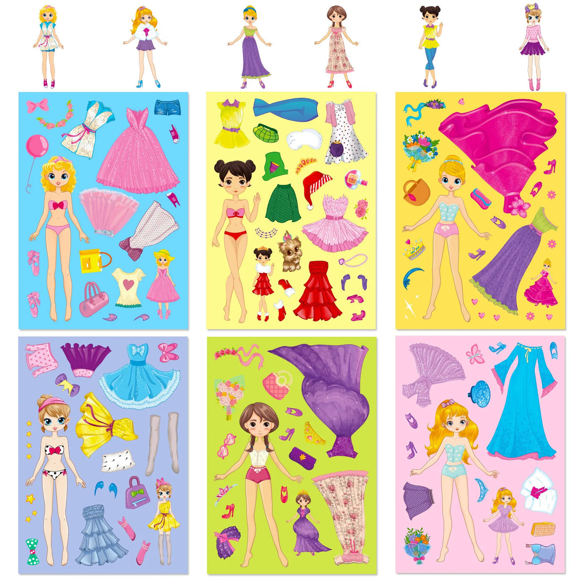 A colorful set of princess DIY sticker puzzles featuring various princesses in different outfits and scenes.