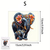 A wooden jigsaw puzzle of an elephant with colorful flowers and intricate details.