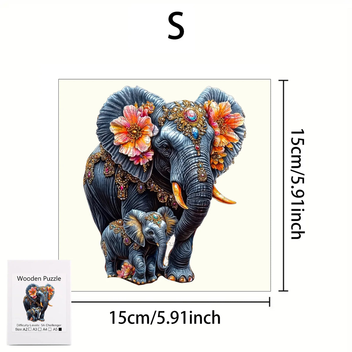 A wooden jigsaw puzzle of an elephant with colorful flowers and intricate details.
