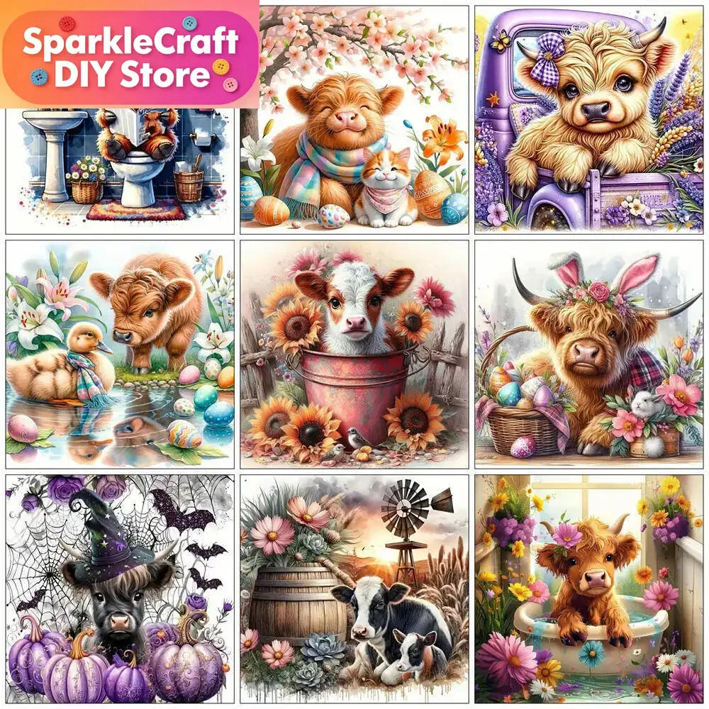 Diamond painting kit featuring highland cattle cross stitch art in various colors and textures.